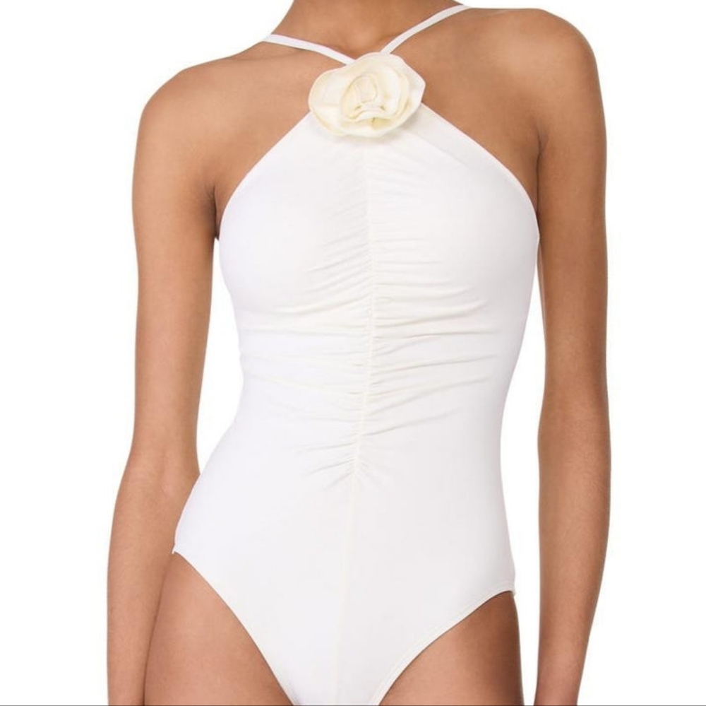 White Halter One Piece Bathingsuit Floral Accent Kate Spade High Neck Rosette